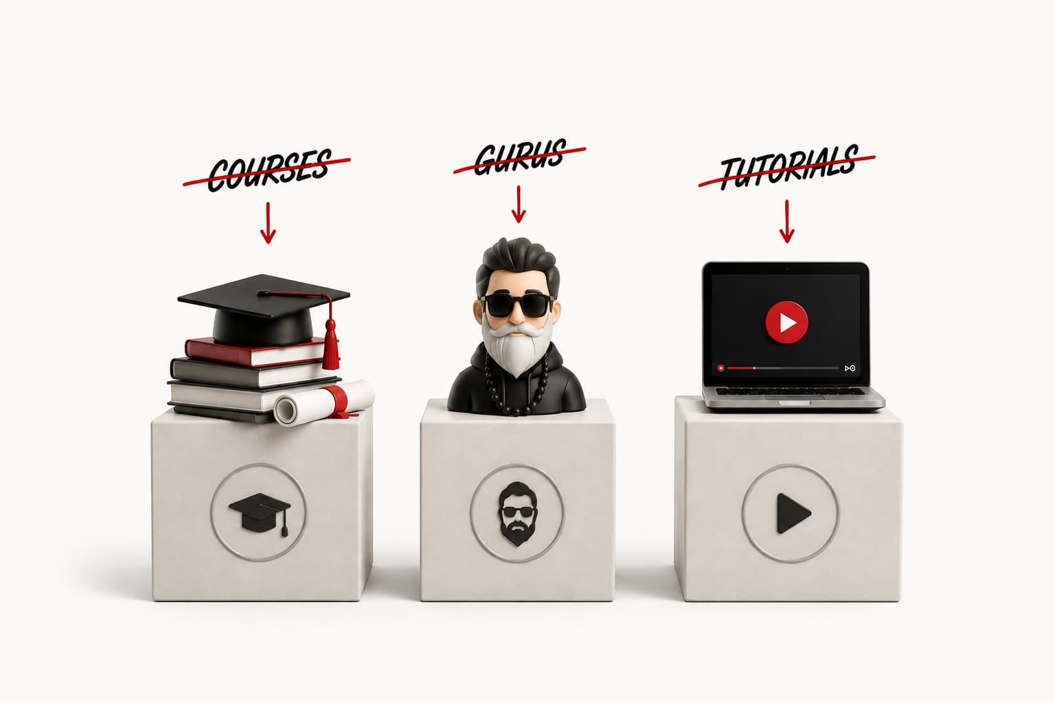 Three pedestals holding crossed-out symbols of courses, gurus, and tutorials — a graduation cap on books, a guru figurine, and a laptop playing a video.