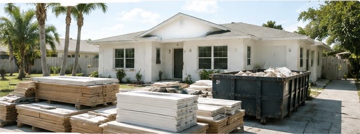 A single-family flip house with framing lumber stacked in the driveway and a full dumpster out front.