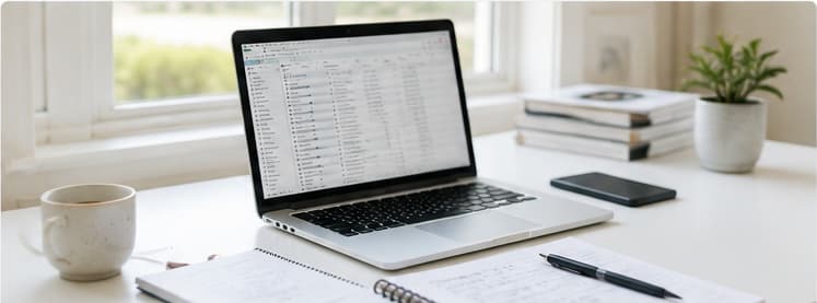 A laptop on a clean desk showing a long contact list, next to a notebook and a cup of coffee.